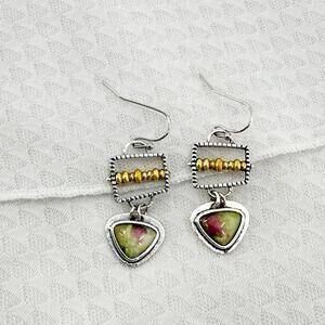 Earthy Green Antique Silver Earrings - Rustic Woodland Beads